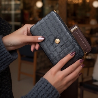 Woman with a manicure holding a black wallet