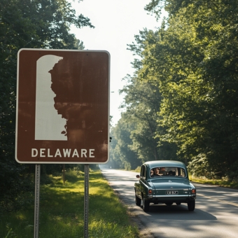 An old blue car on a road enveloped by trees with a brown road sign that reads Delaware