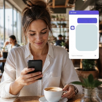 Woman as a cafe seated at a table with a coffee looking at her phone with an empy AI chatbot screen superimposed to the right of her