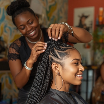 Natural hair braider providing hair braiding services to a smiling client
