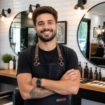 Male barber smiling with arms crossed standing in front of a hair station holding barberin tools
