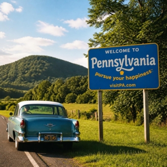 Pennsylvania welcome road sign with blue vintage car driving past on road